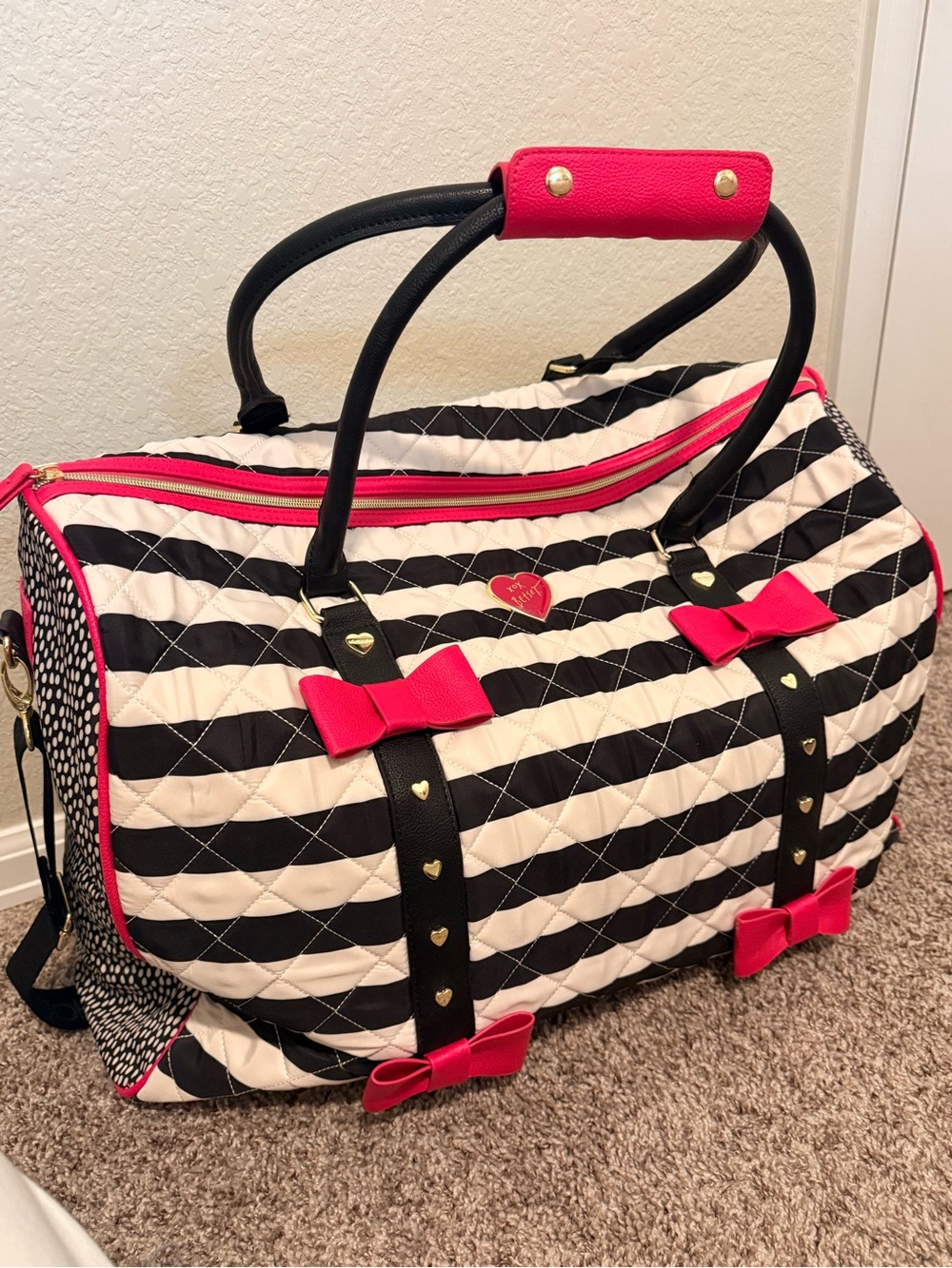Betsey Johnson Large Quilted Weekender Bag-Black and White Stripe Pink Bow Bag